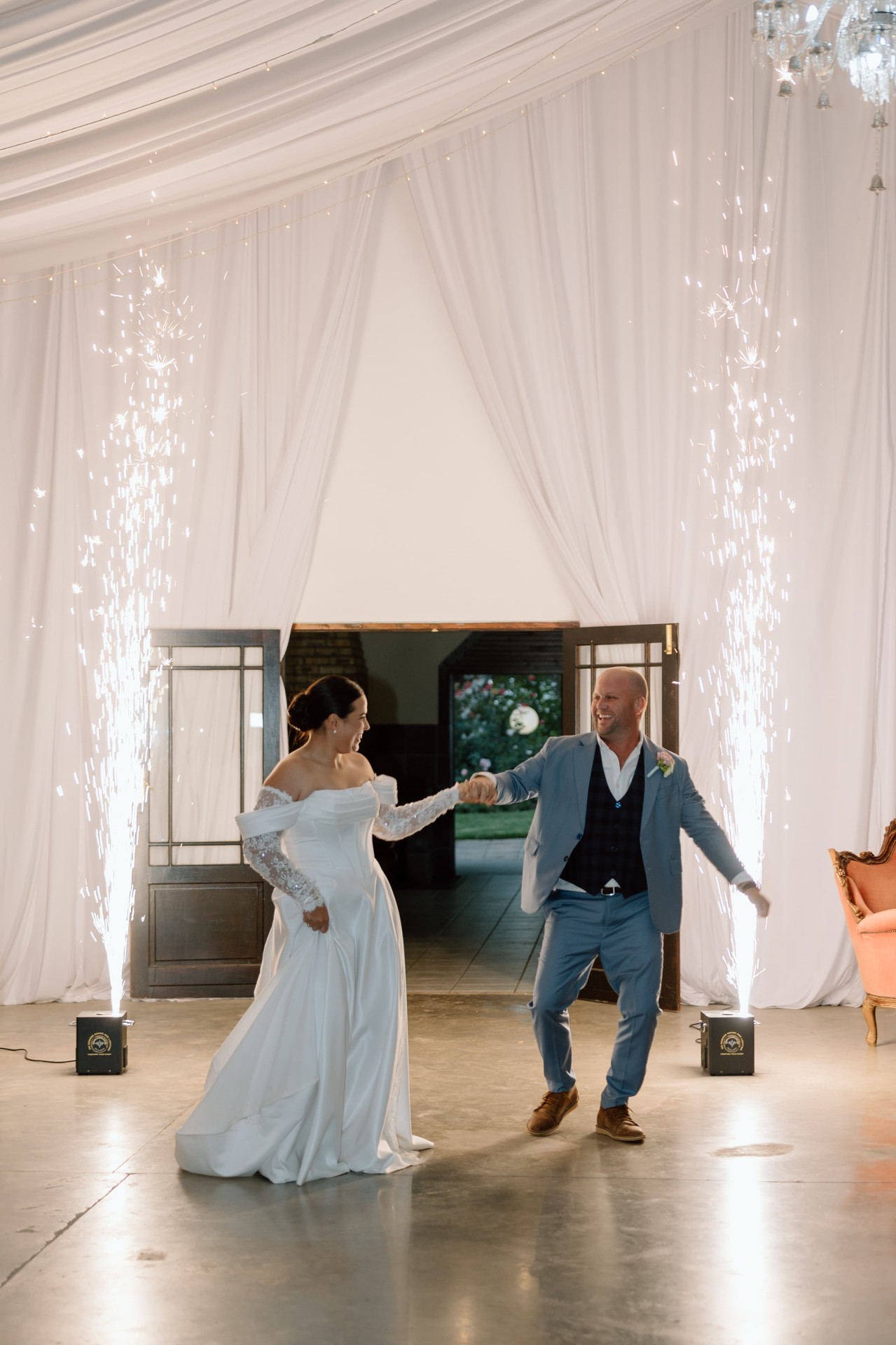 Indoor cold spark fountain effect at luxury wedding