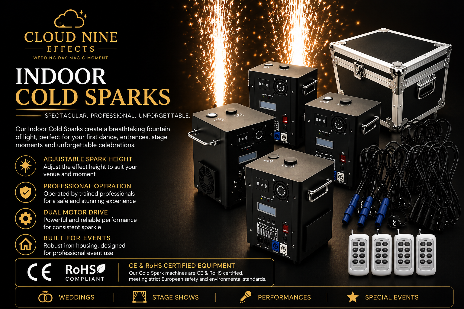 Cloud Nine Effects professional CE and RoHS certified Indoor Cold Spark machines and event equipment